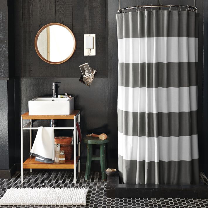 Gray and white striped shower curtain The Burton Shower Curtain will add a clean and sleek look to your bathroom with the classic stripe design in white and heather grey will be the perfect décor for your bathroom View More $